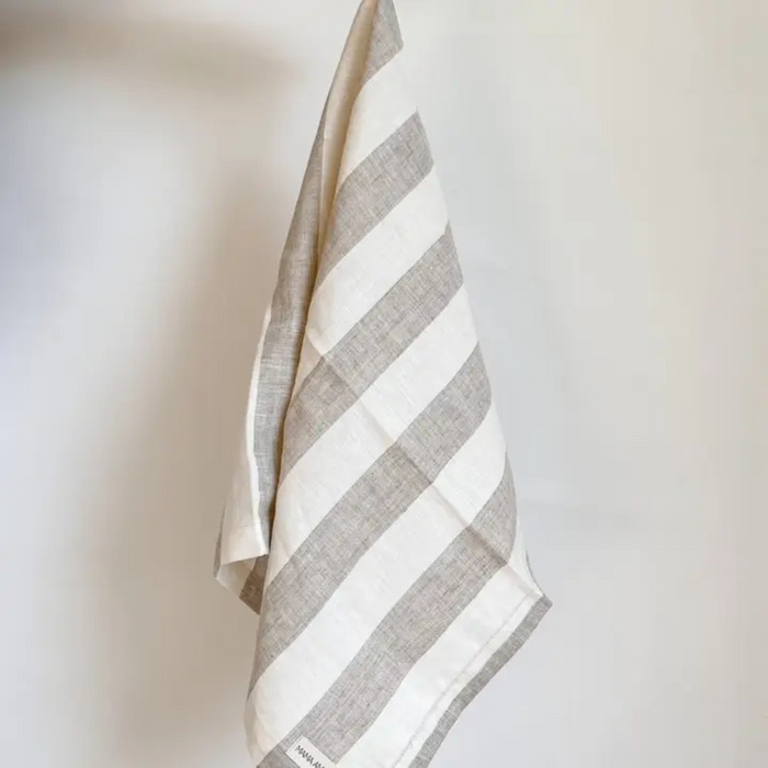 Pure French Linen Tea Towel - Natural Wide Stripe